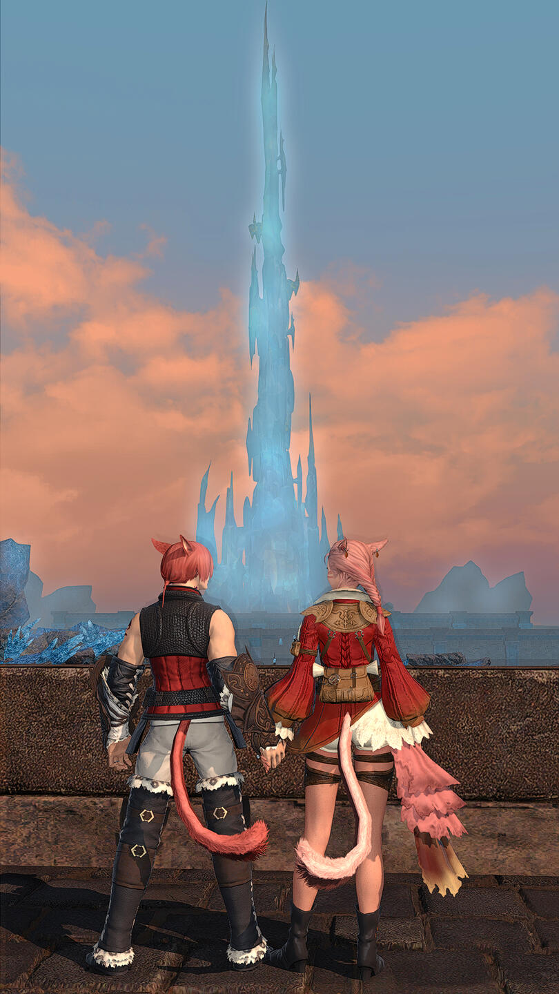 Tae'yong and G'raha Tia overlook the Crystal Tower from Revenant's Toll, shortly after marrying. (age 25, 1 7AE)